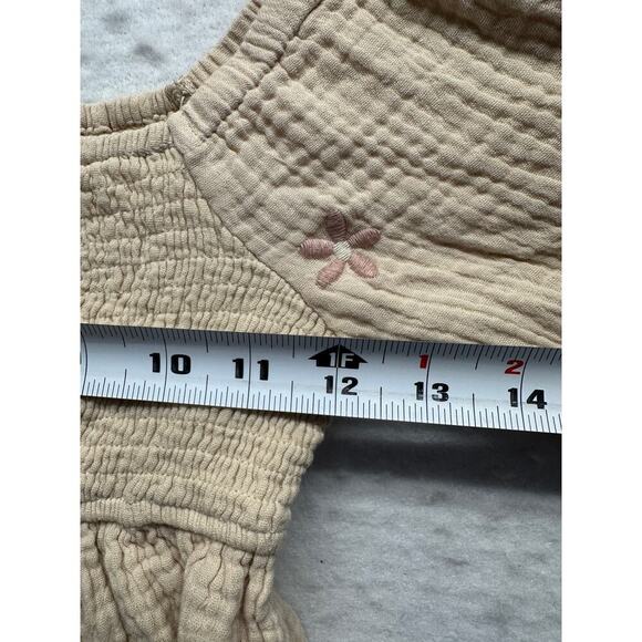 By Together Tan Smocked Crop Top Size S Embroidered Flowers Babydoll Boho - Picture 6 of 10